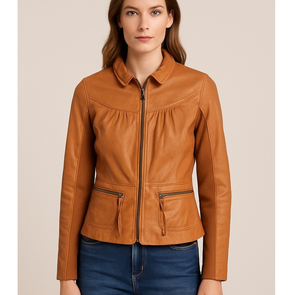 Hinge 100% Leather Jacket‎ Womens Small Tan Brown Zip Up Ruched Collar Peplum